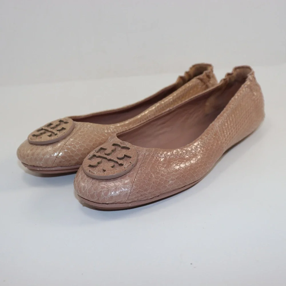Tory Burch Minnie Ballet Flats Womens 6.5 Blush Pink Snakeskin‎ Embossed Leather